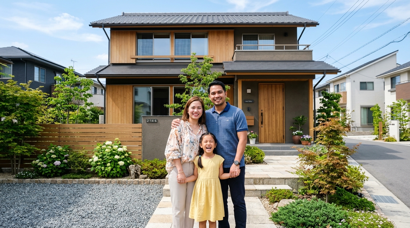 Smiling Filipino family in front of modern Japanese home